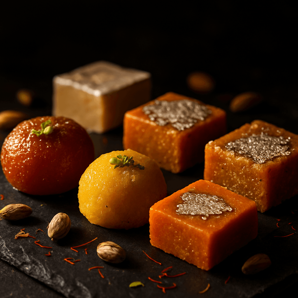 A festive thaal of Nepali sweets surrounded by lit diyas and marigolds